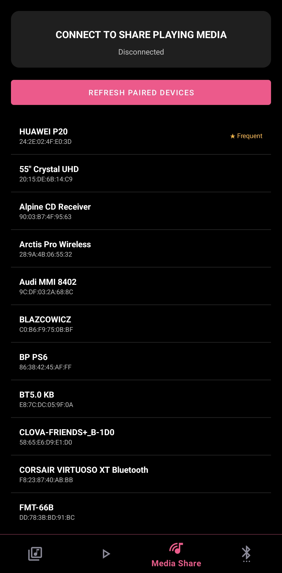 Bluetooth connection and server setup screen