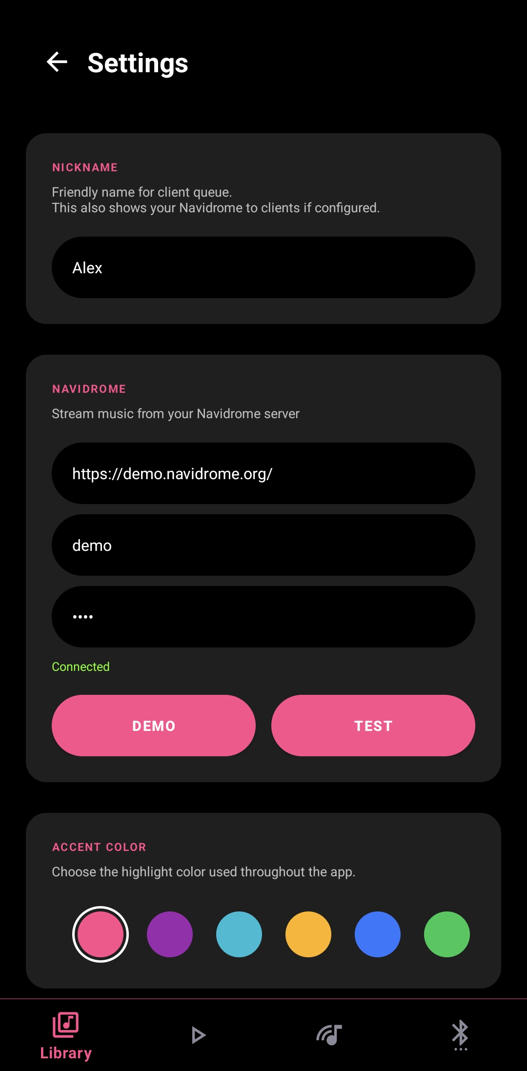 Navidrome config screen in PrivateGroove app
